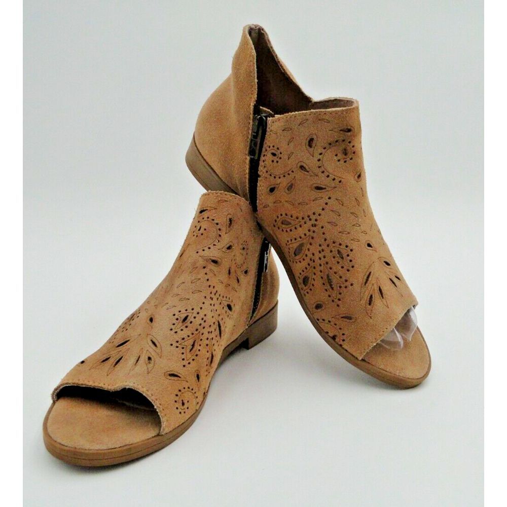 Coolway Shoes US 7 Booties Ankle Open‎ Toe Suede Paisley Laser Cut Tan